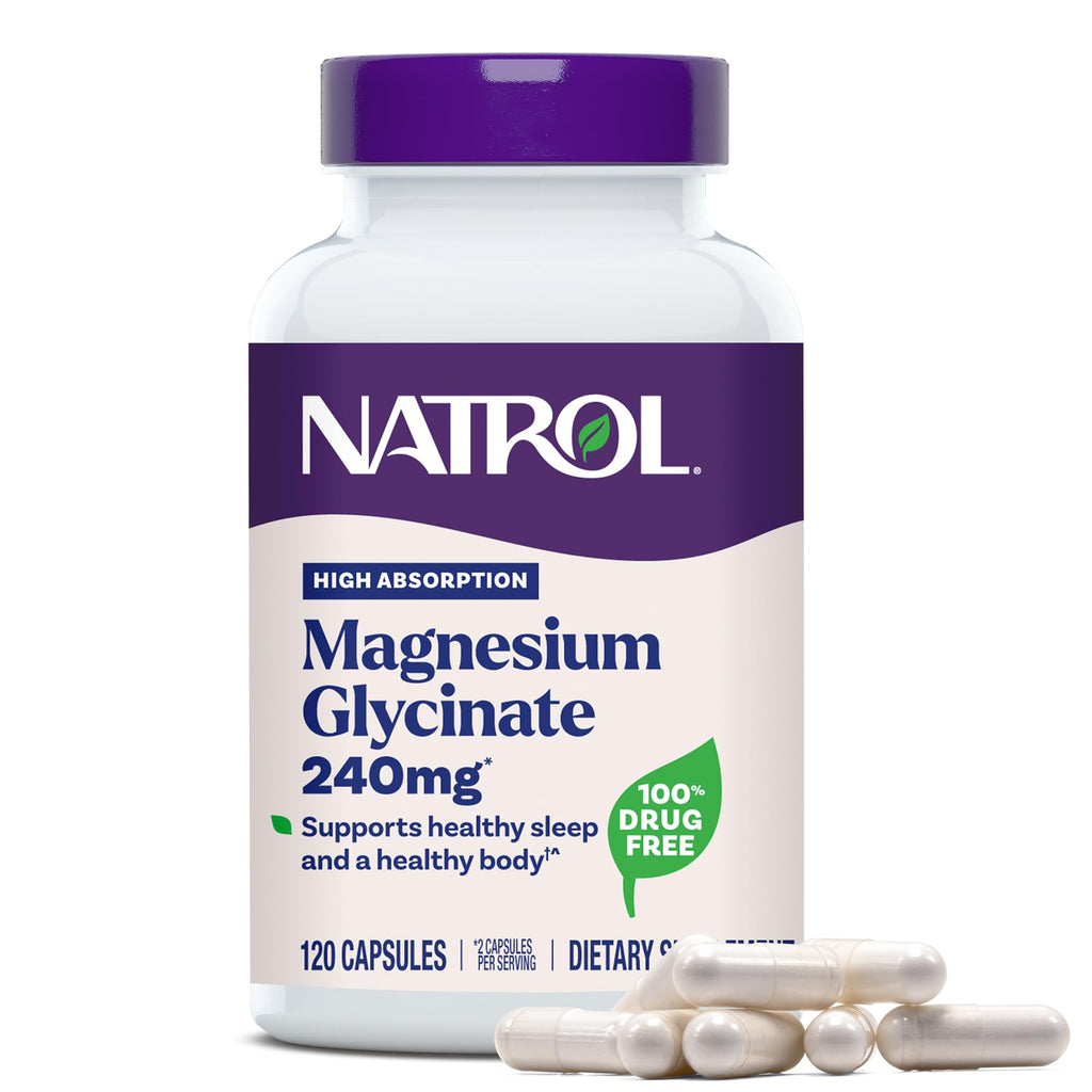 Natrol High Absorption Magnesium Glycinate 240 mg, 120 Capsules | Supports Healthy Sleep & Body, Gentle on Stomach, Supports Muscle Relaxation, Heart, Bone, Nerve & Brain Health