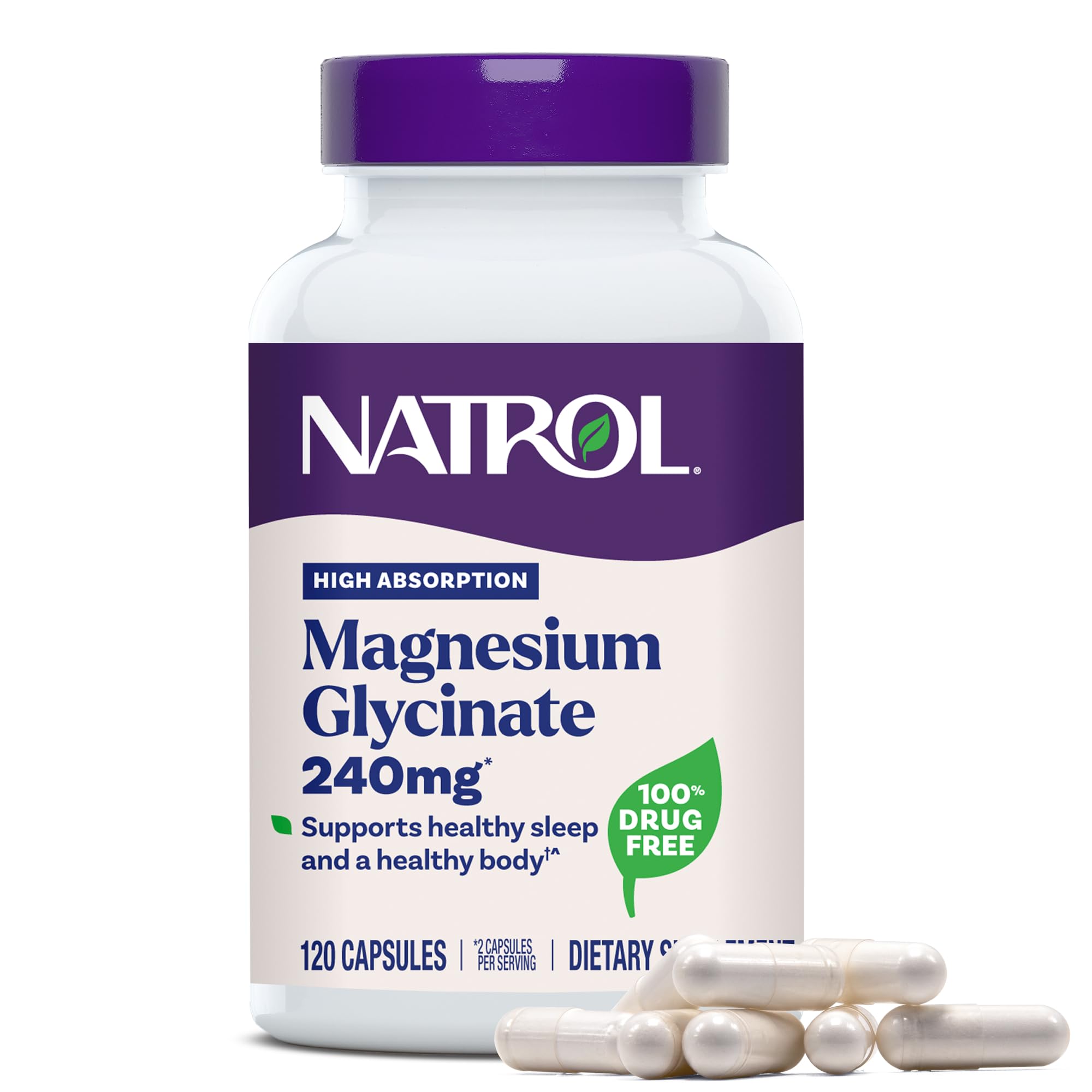 Natrol High Absorption Magnesium Glycinate 240 mg, 120 Capsules | Supports Healthy Sleep & Body, Gentle on Stomach, Supports Muscle Relaxation, Heart, Bone, Nerve & Brain Health