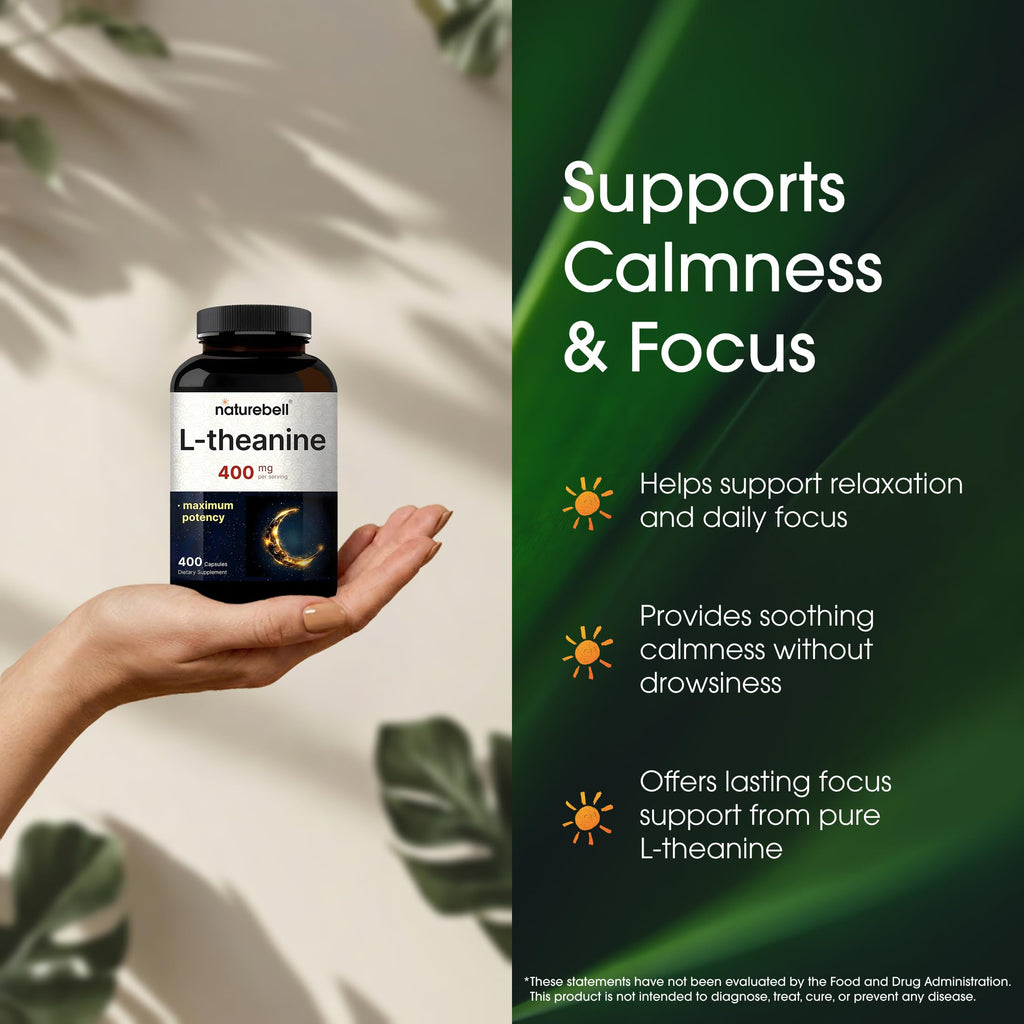 NatureBell L-Theanine Supplement - 400 Capsules - 400mg Max Potency Amino Acid Support - for Relaxation, Calm, and Focus - Non-Drowsy Free-Form Formula*