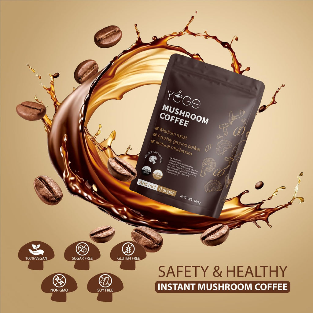 Mushroom Coffee, Instant Mushroom Coffee with Cordyceps, Reishi, King Trumpet, Shiitake, Turkey Tail, Lions Mane for Energy, Focus, Positive Mood & Immune Support (30 Servings)