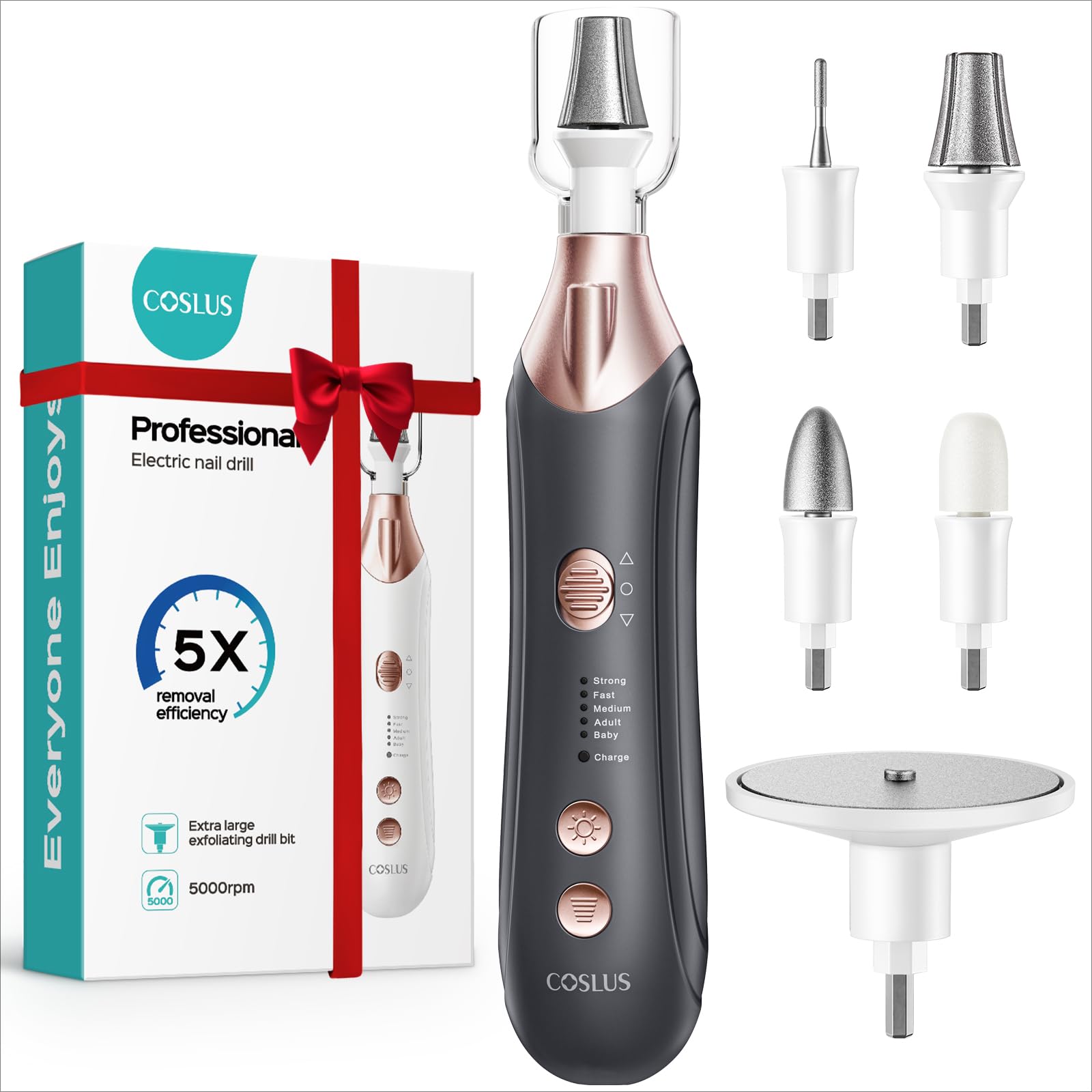 COSLUS C43 Professional Manicure Pedicure Kit with Upgrade Wider Grinder | 5-in-1 Electric Nail File for Toenail Hand Feet, Thick Nails Care, Cordless, 5 Speeds, Men Women Seniors, Home Salon, White