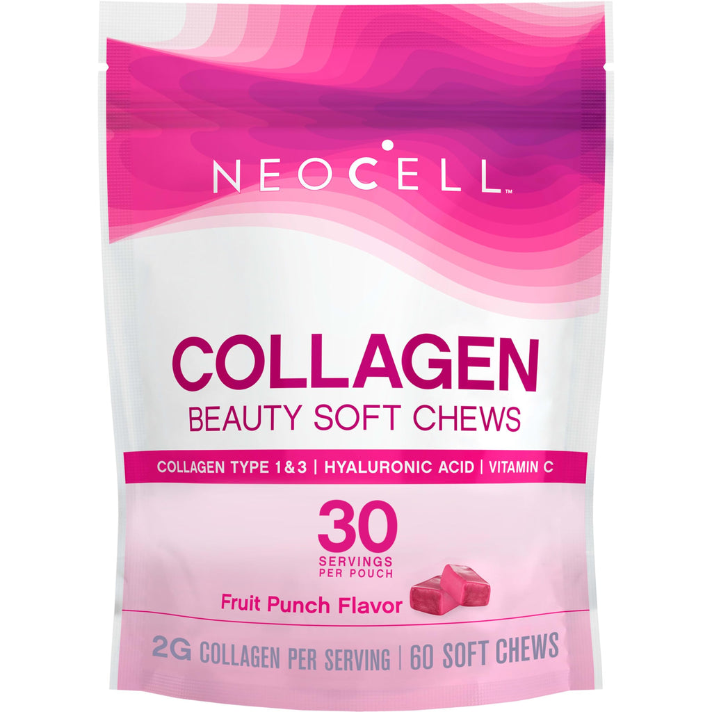 NeoCell Collagen Peptides Soft Chews | 60 Chewables | Beauty Bursts Supplement | with Hyaluronic Acid | Hair, Skin, & Nails | Fruit Punch Flavor