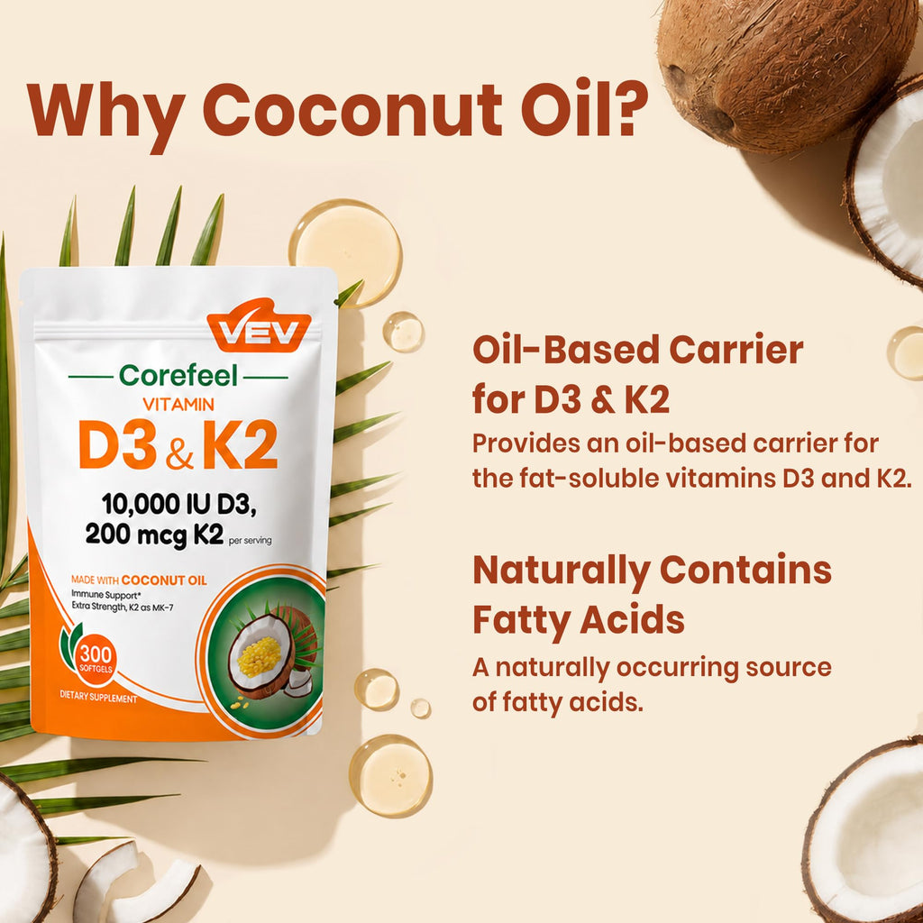 VEV Vitamin D3 K2 10,000 IU, 200 mcg K2, 300 Coconut Oil Softgels