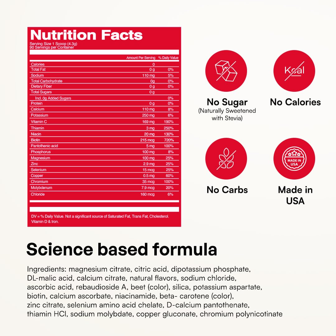 KEY NUTRIENTS Potassium Multivitamin Electrolytes, Cherry Pom, 90 Servings | Multivitamin Electrolytes Powder, Sweet Cherry Pom, Sugar Free, Sodium & Potassium Supplement, No Calories, Made in USA