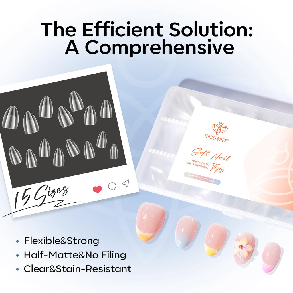 Modelones almond nail tips, 360 pcs set in various sizes, flexible and strong. Available for order online, perfect for DIY nails.