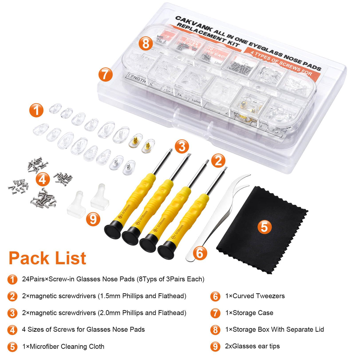 Eyeglass Nose Pads Replacement with 4 Sizes Screws, 24 Pairs Screw-in Glasses Nose Pads, Upgraded Eyeglass Repair Kit with Precision Screwdrivers, Tweezers, Glasses Cloth for Glasses, Sunglasses