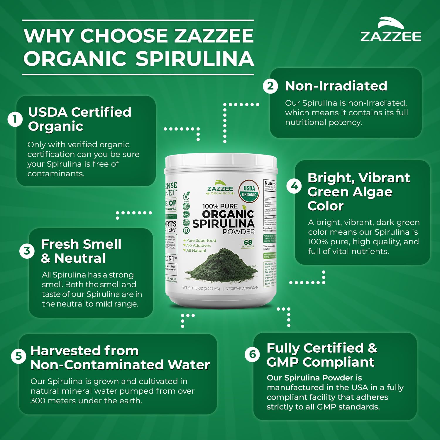 Zazzee USDA Organic Spirulina Powder, 8 Ounces, 68 Servings, 100% Pure | Certified Kosher, Non-Irradiated, Mess-Free Wide Mouth Container, Fresh Smell and Neutral Taste, Non-GMO, Made in USA