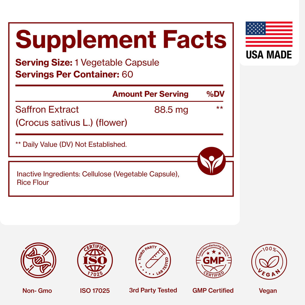 Saffron Supplement, 100% Pure Saffron Extract Capsules, Mood & Energy | Supports eye & heart health, positive mood & natural energy; 60 vegan capsules by Pure Micronutrients