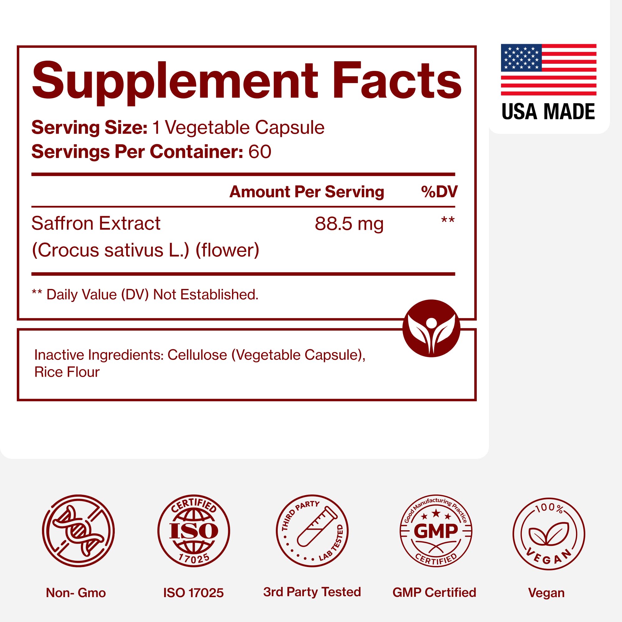Saffron Supplement, 100% Pure Saffron Extract Capsules, Mood & Energy | Supports eye & heart health, positive mood & natural energy; 60 vegan capsules by Pure Micronutrients