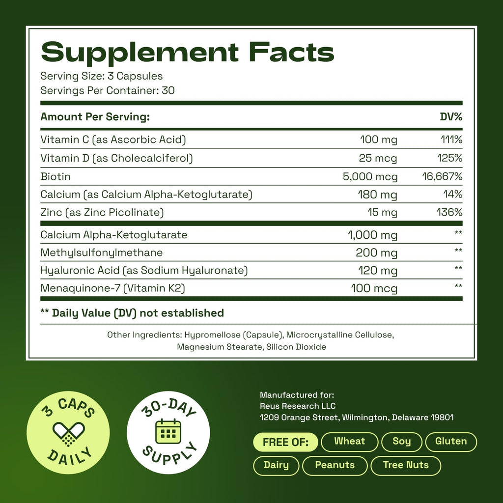 Cata-Kor Hair Skin and Nails Vitamins for Women – Biotin Hair Supplement | Hyaluronic Acid | Calcium AKG | MSM | Vitamin C & Vitamin D3 K2 – Hair Growth Vitamins – 270 Caps (3 Pack)