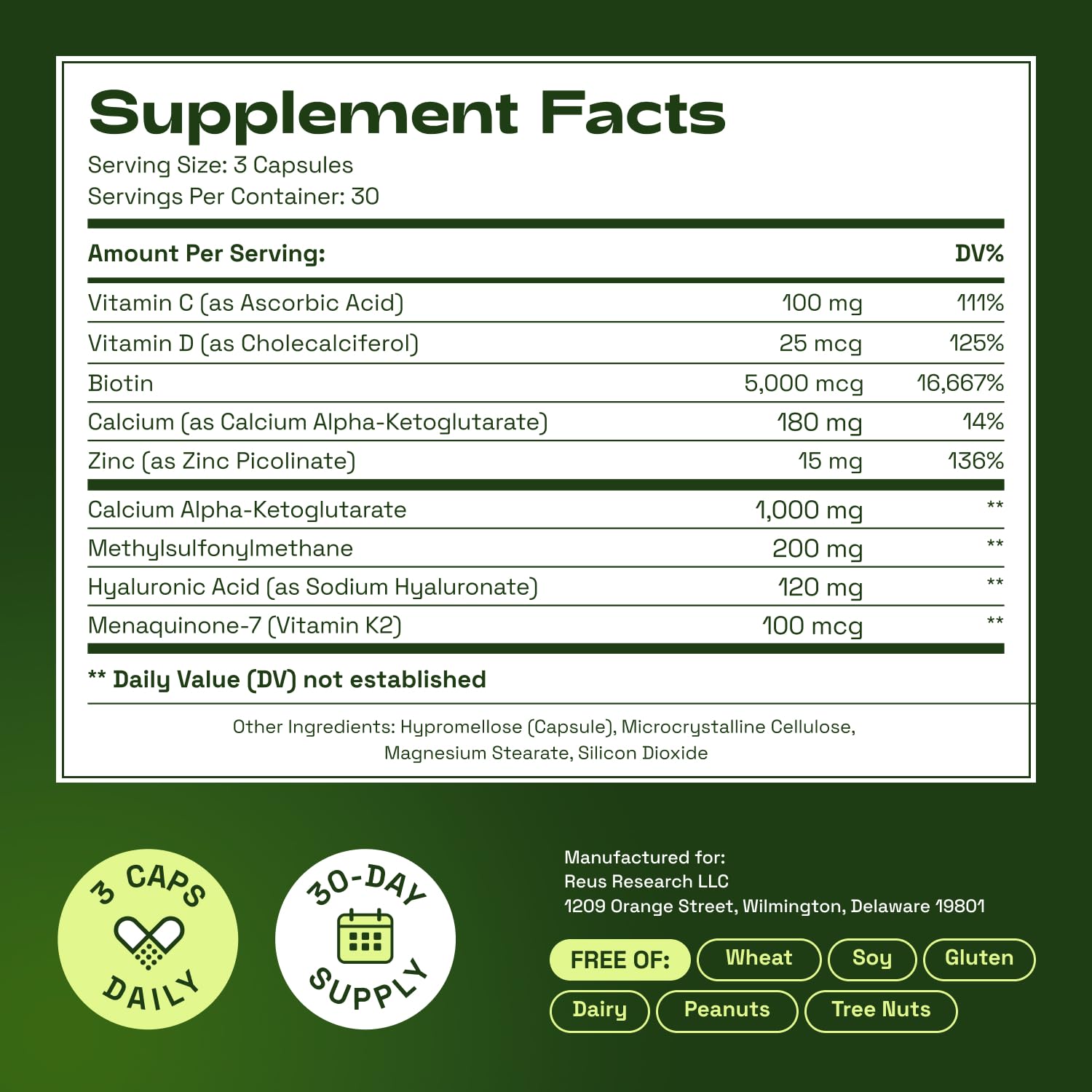 Cata-Kor Hair Skin and Nails Vitamins for Women – Biotin Hair Supplement | Hyaluronic Acid | Calcium AKG | MSM | Vitamin C & Vitamin D3 K2 – Hair Growth Vitamins – 270 Caps (3 Pack)