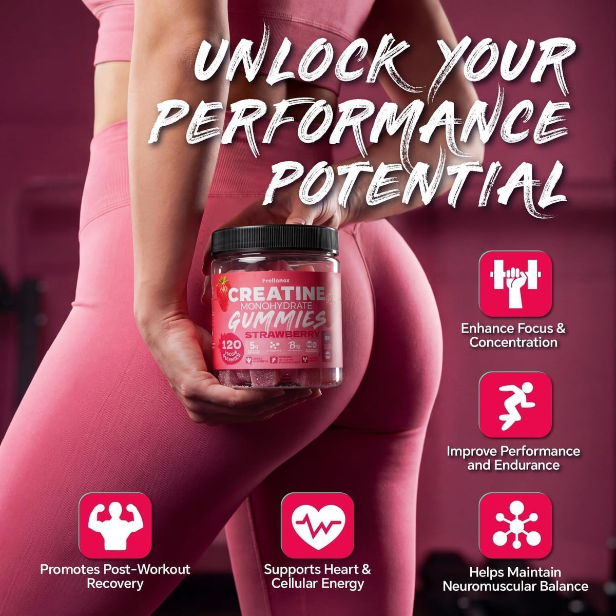 Creatine Monohydrate Gummies 5000mg for Women & Men, Strawberry, 120 Count