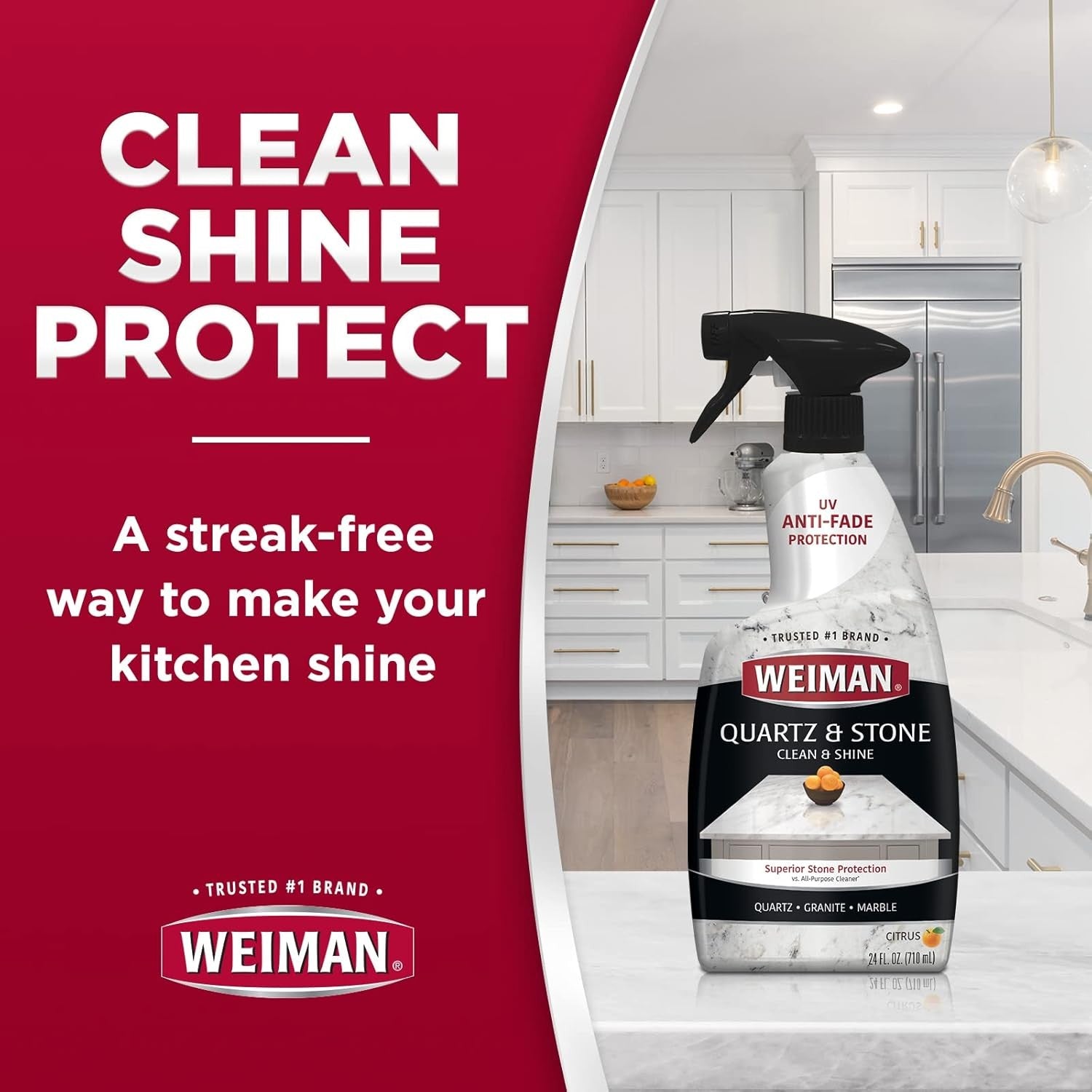Buy now Weiman Quartz Countertop Cleaner and Polish - Clean and Shine Your Granite, Marble Countertops, Kitchen Island, and Stone Surfaces with UV Anti-Fade Protection, Citrus, 24 Ounce with Microfiber Cloth at indiglob india