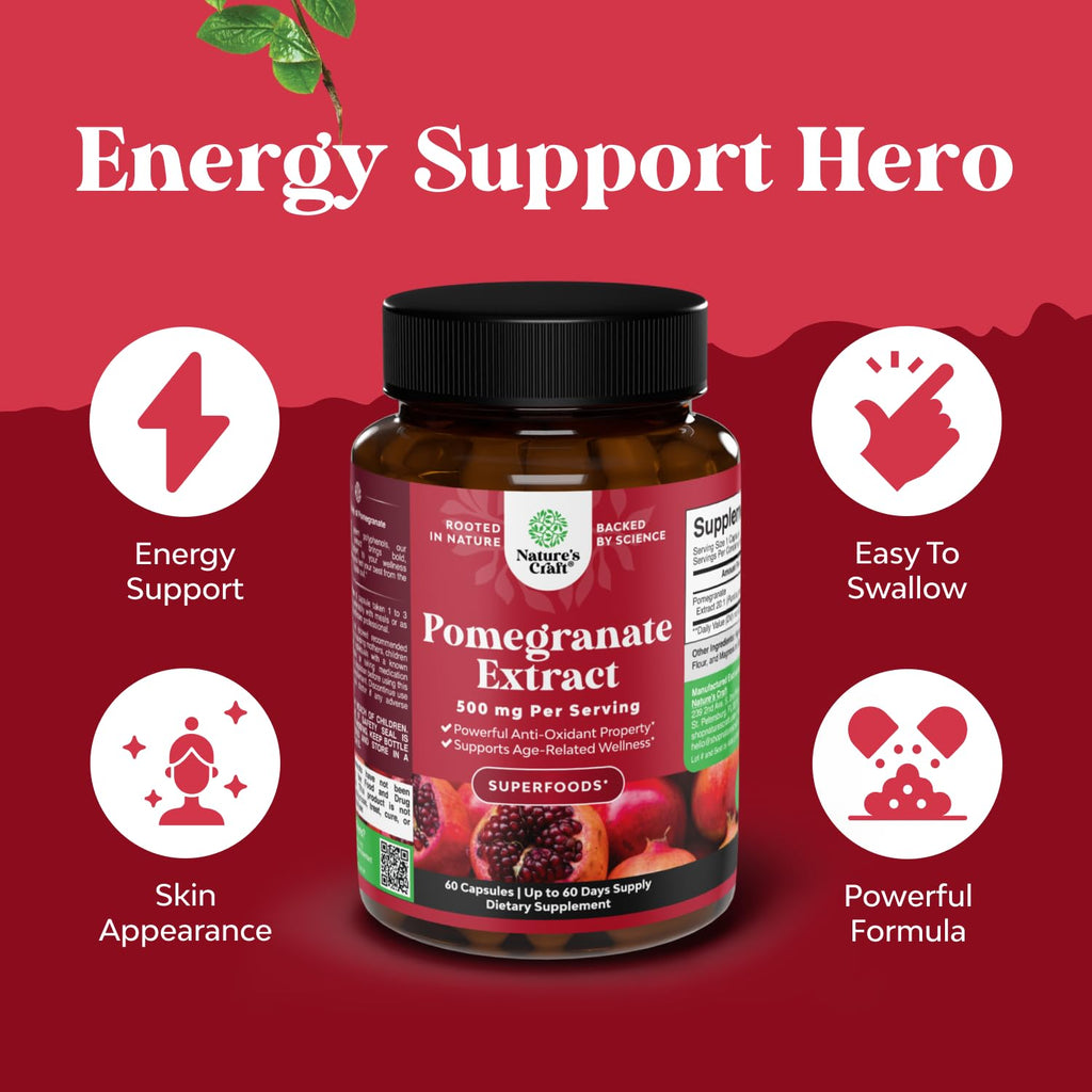 Advanced Pomegranate Extract Capsules - Powerful Antioxidant & Healthy Heart Support - Easy To Swallow Pomegranate Supplement - Superfood for Energy & Gut Health Support - Third Party Tested - 60 Ct