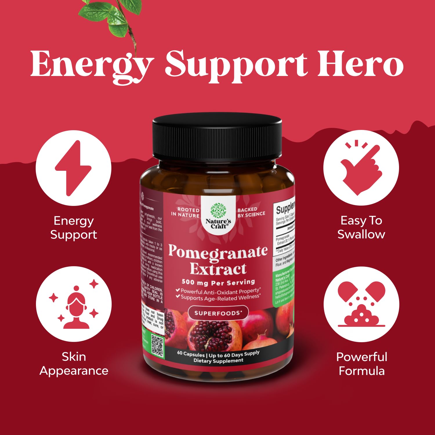 Advanced Pomegranate Extract Capsules - Powerful Antioxidant & Healthy Heart Support - Easy To Swallow Pomegranate Supplement - Superfood for Energy & Gut Health Support - Third Party Tested - 60 Ct