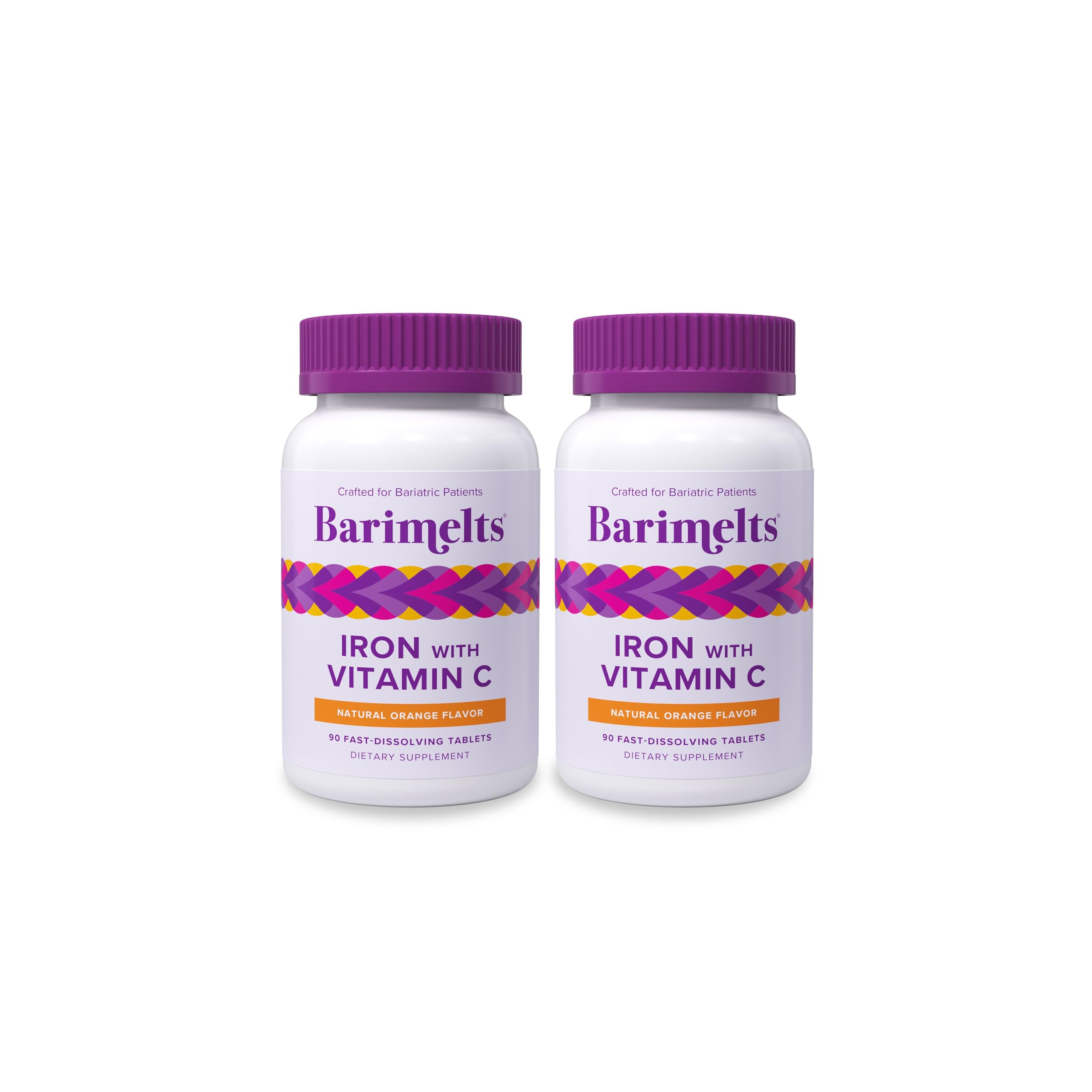 Barimelts Iron with Vitamin C, 180 Fast-Dissolving Tablets (2-Month Supply), Sugar-Free Bariatric Iron Supplement for Women, Natural Orange Flavor