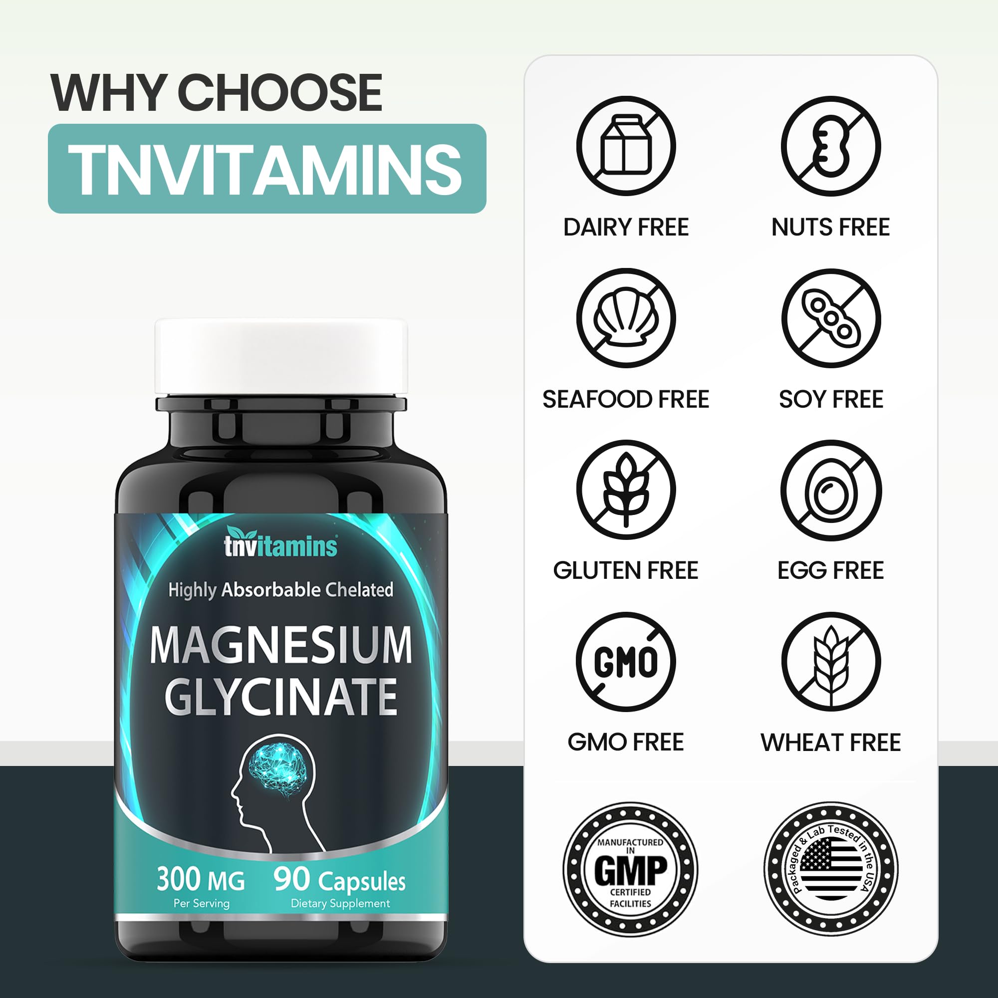 tnvitamins Magnesium Glycinate 300mg, 90 Capsules | High Absorption Chelated Magnesium for Sleep, Calm & Muscle Support* | Non-GMO, Gentle, Non-Laxative | TNVitamins