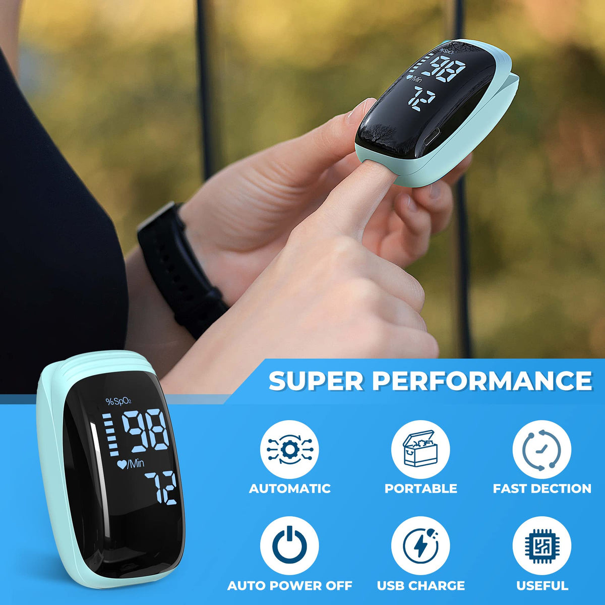 Finger Pulse Oximeter, Fingertip Blood Oxygen Saturation with Pulse Monitor Rechargeable, Accurate Spo2 Reading for Home, Outdoor Sports，Blue