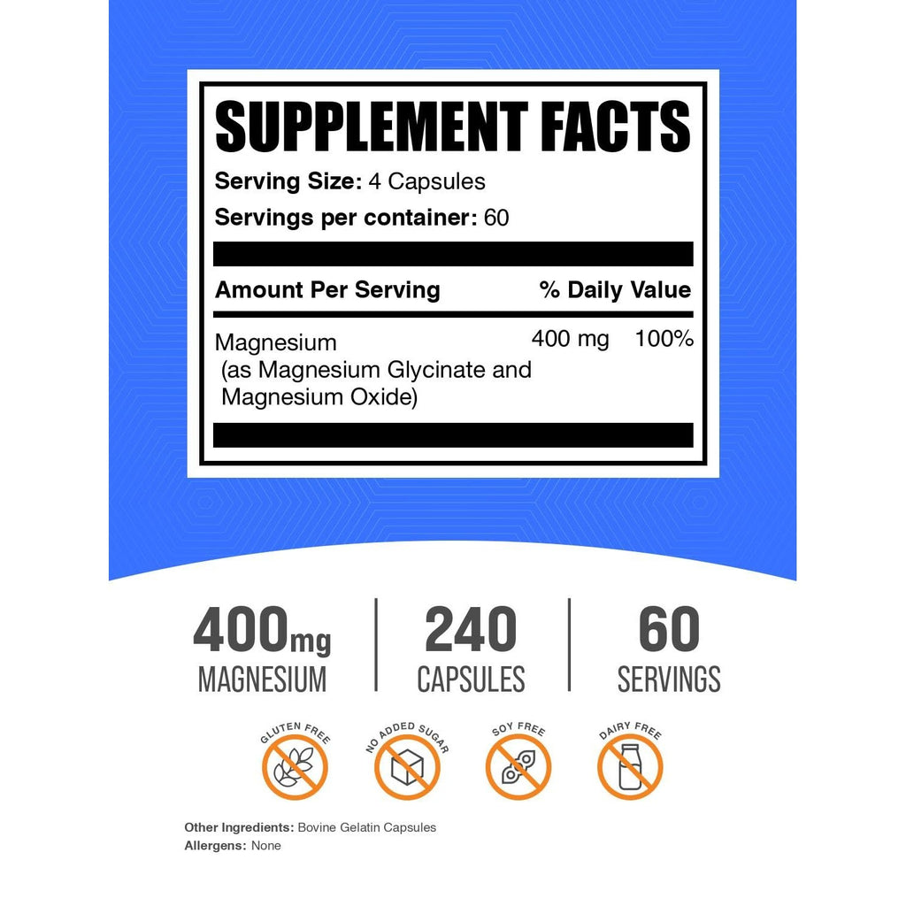 BulkSupplements.com Magnesium Glycinate Capsules - Magnesium Supplement, Highly Absorbed Form - Gluten Free, 4 Capsules per Serving (400mg), 240 Count (Pack of 1)