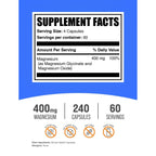 BulkSupplements.com Magnesium Glycinate Capsules - Magnesium Supplement, Highly Absorbed Form - Gluten Free, 4 Capsules per Serving (400mg), 240 Count (Pack of 1)