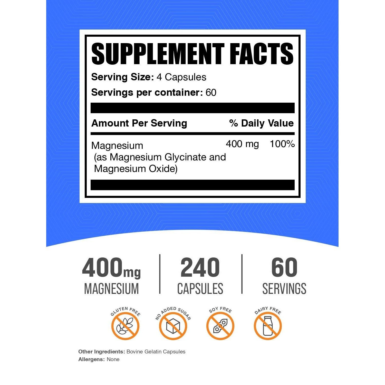 BulkSupplements.com Magnesium Glycinate Capsules - Magnesium Supplement, Highly Absorbed Form - Gluten Free, 4 Capsules per Serving (400mg), 240 Count (Pack of 1)