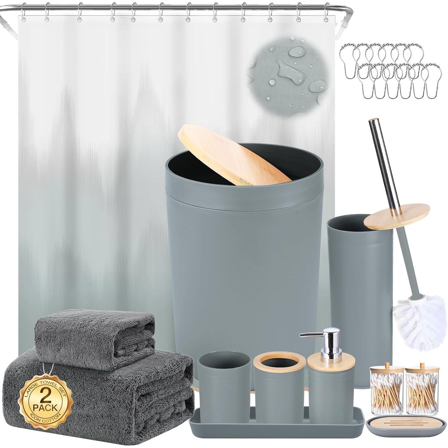 Buy now iMucci 9Pcs Black Bathroom Accessories Set with Trash Can Bathroom Set Black Bathroom Accessories Bathroom Decor Bath Set+Shower Curtain+Bath Towel Set Grey at indiglob india