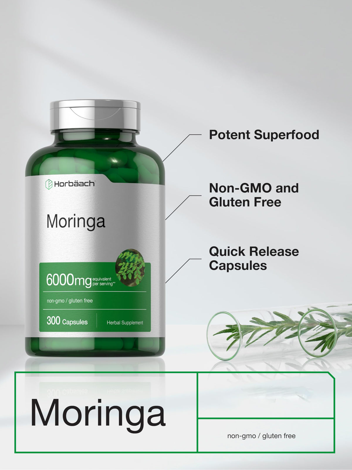 Horbäach Moringa Oleifera | 300 Powder Capsules | Complete Green Superfood