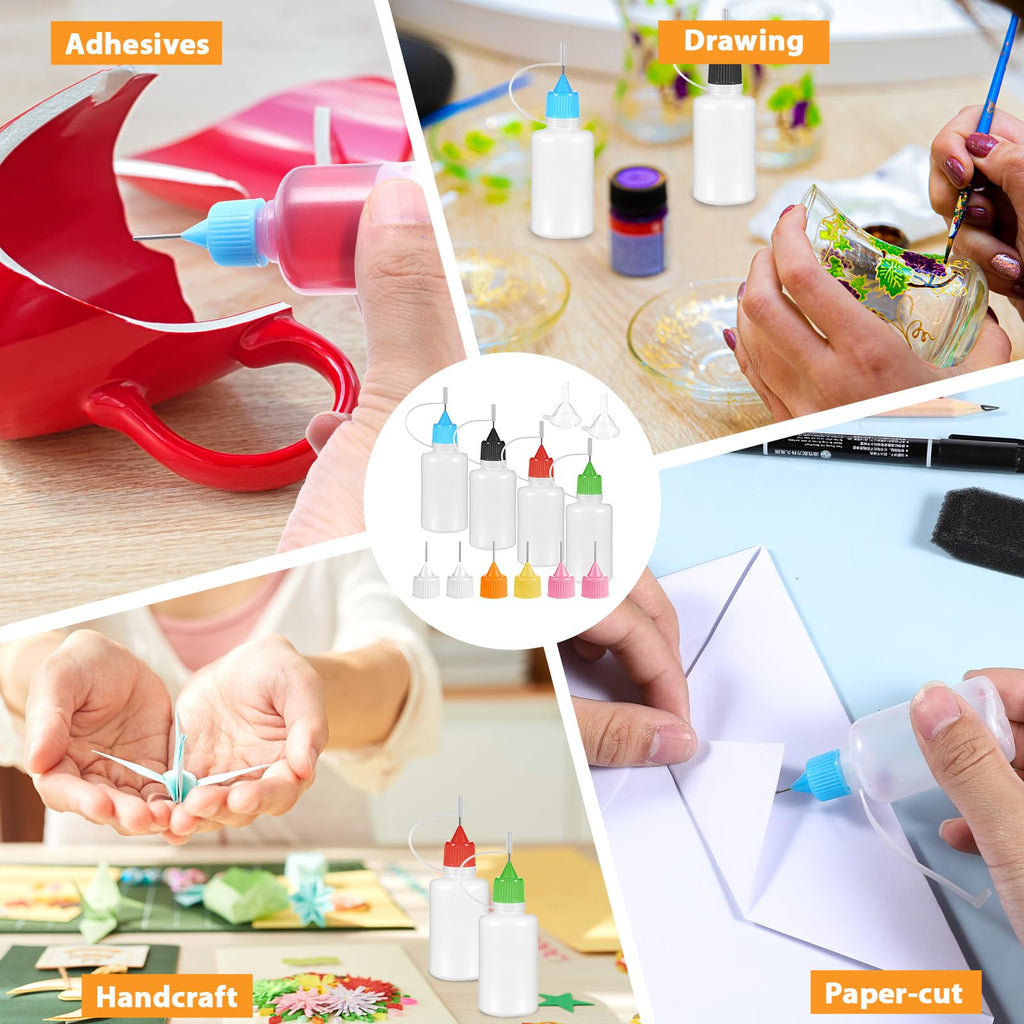 4Pcs Precision Tip Applicator Bottle with 2 Funnel Multicolor Lids, 30ML/1 OZ Needle Tip Glue Bottles, Glue Dispenser for DIY Quilling Paper Craft Painting