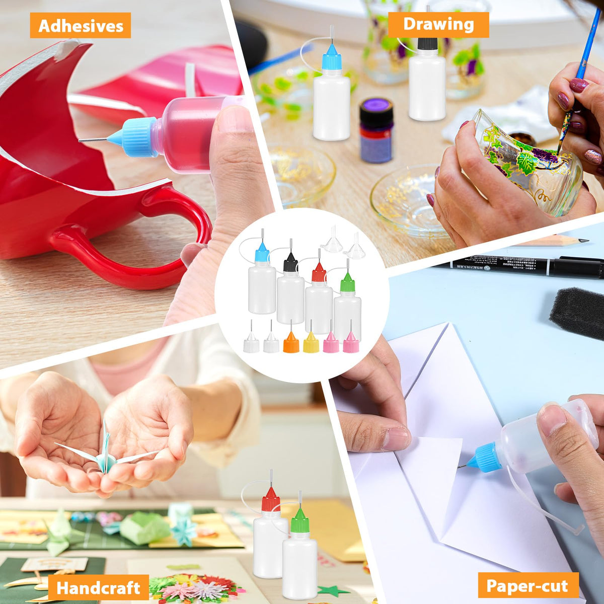 4Pcs Precision Tip Applicator Bottle with 2 Funnel Multicolor Lids, 30ML/1 OZ Needle Tip Glue Bottles, Glue Dispenser for DIY Quilling Paper Craft Painting