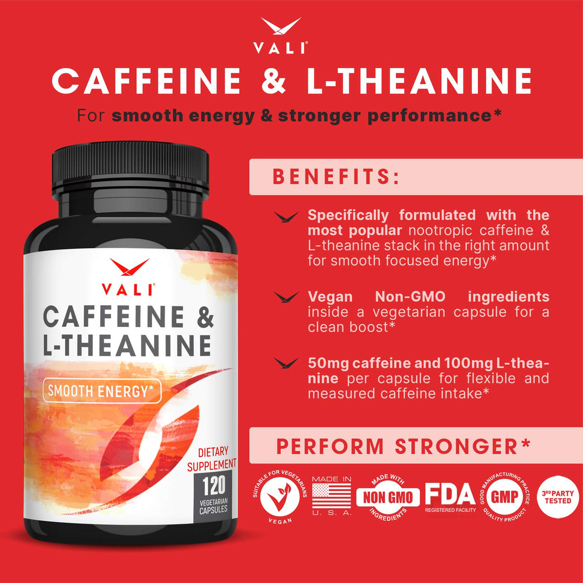 VALI Caffeine 50mg & L Theanine 100mg - Caffeine Pills & L-Theanine for Smart Smooth Energy & Focus Supplement. Nootropic Brain Booster Cognitive Support Stack & Focused Clarity. 120 Veggie Capsules