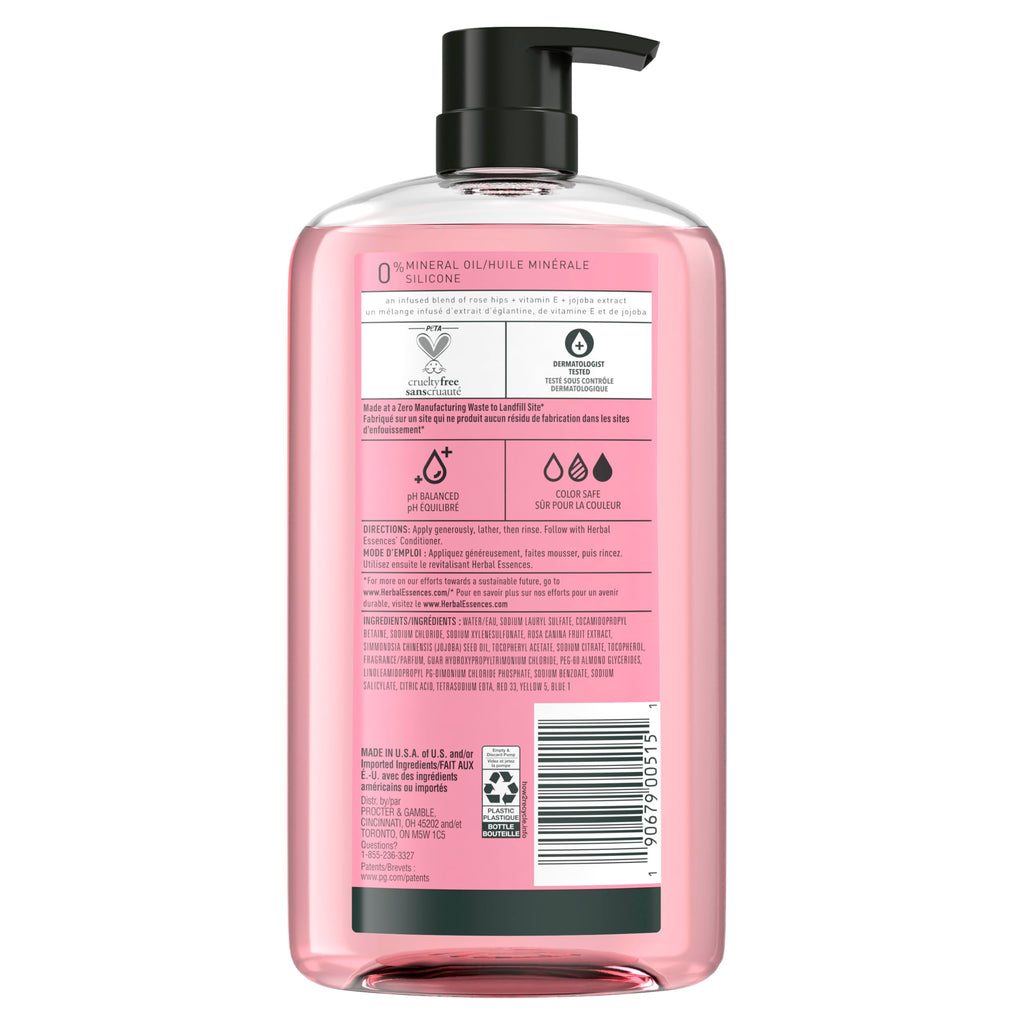 Herbal Essences Shampoo, Rose Hips - Smooth Collection, Shiny Hair with Vitamin E & Jojoba, Safe for Color Treated Hair, Floral Scent, Cruelty-Free, Dermatologist-Tested, 29.2 Fl Oz