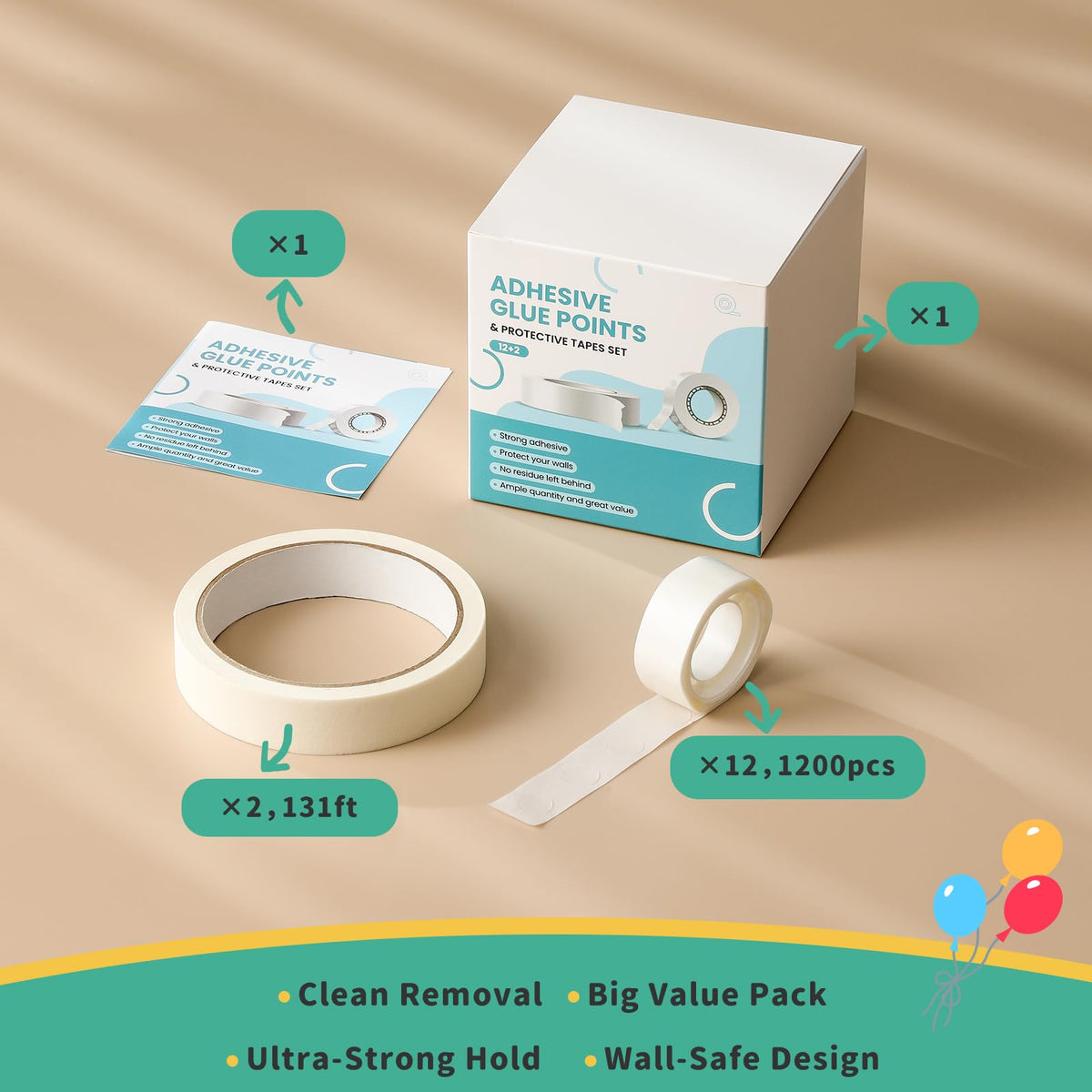 Wall-Safe Balloon Glue Dots Set, 1200 Pcs 12mm Removable Glue Points with 131ft Masking Tape, No Residue Decoration Kit for Birthday Party, Wedding, Photos & DIY Crafts, for Party Planners & Families