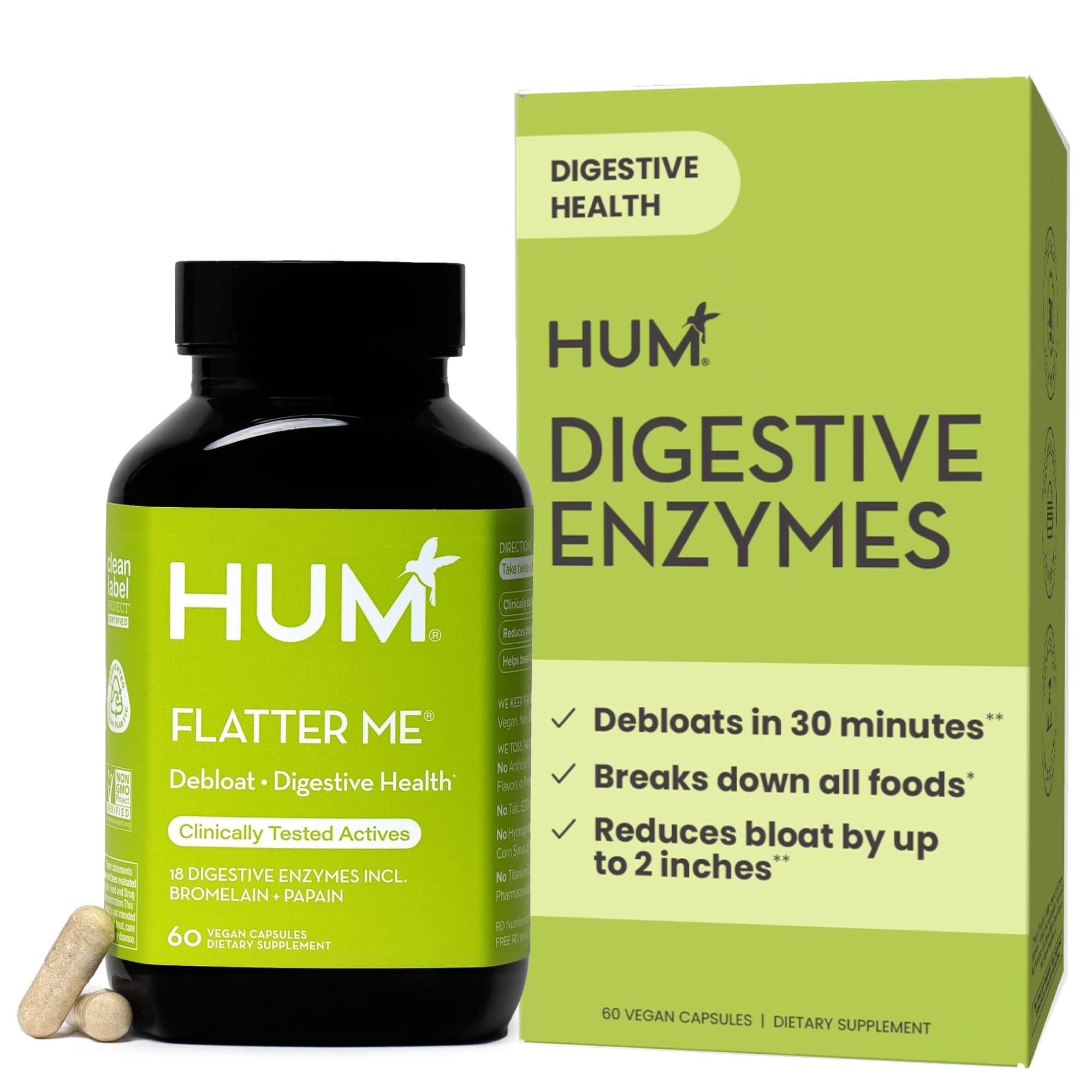 HUM Flatter Me Digestive Enzymes, Digestion & Bloating Support, 60 Count | 18 Digestive Enzymes, Ginger, Peppermint & Fennel, Women & Men, Vegan, Non-GMO, 60 Capsules