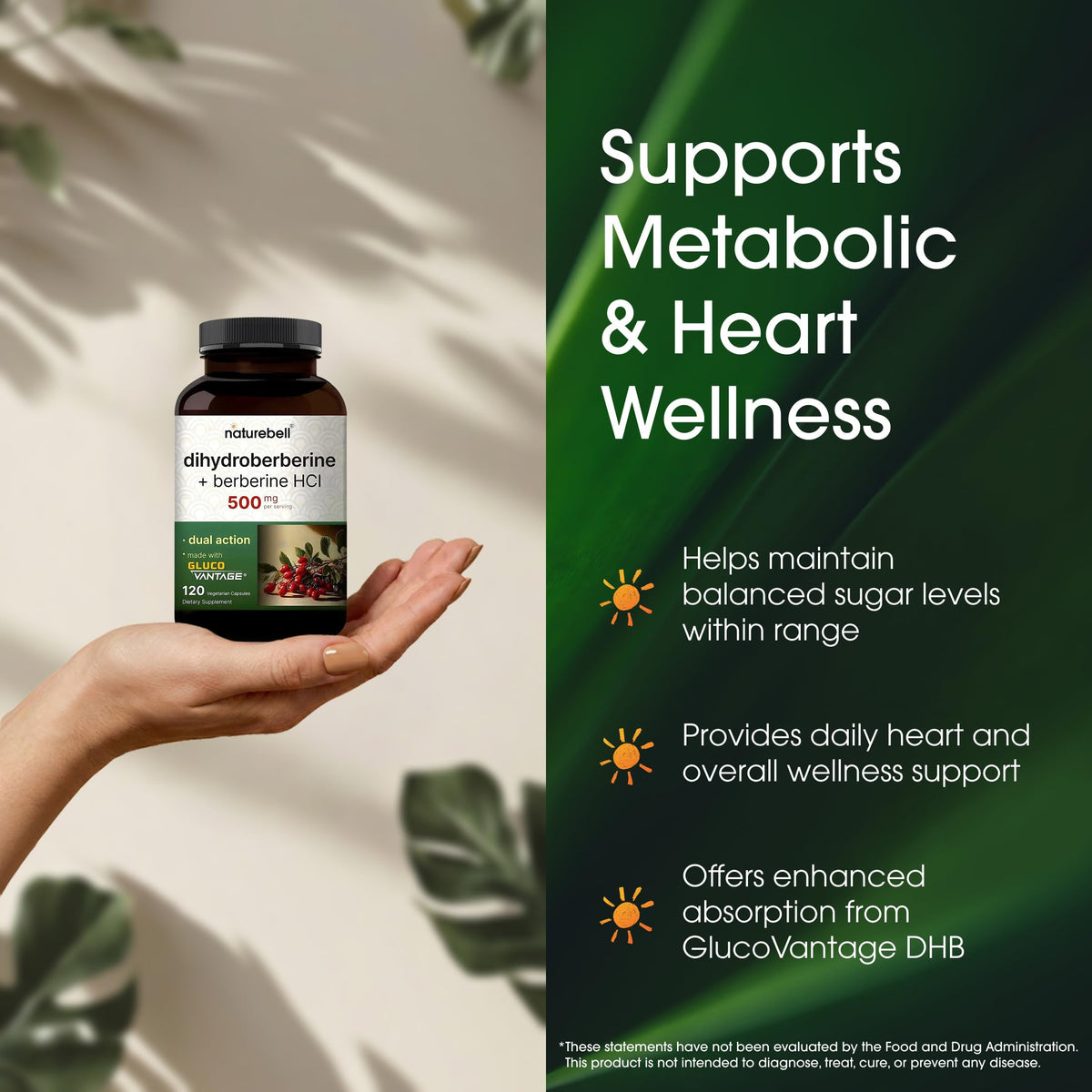 NatureBell Dihydroberberine with Berberine HCl - 120 Vegetarian Capsules - 500mg Dual Action Complex with GlucoVantage for High Absorption - Balanced Sugar & Heart Health Support*