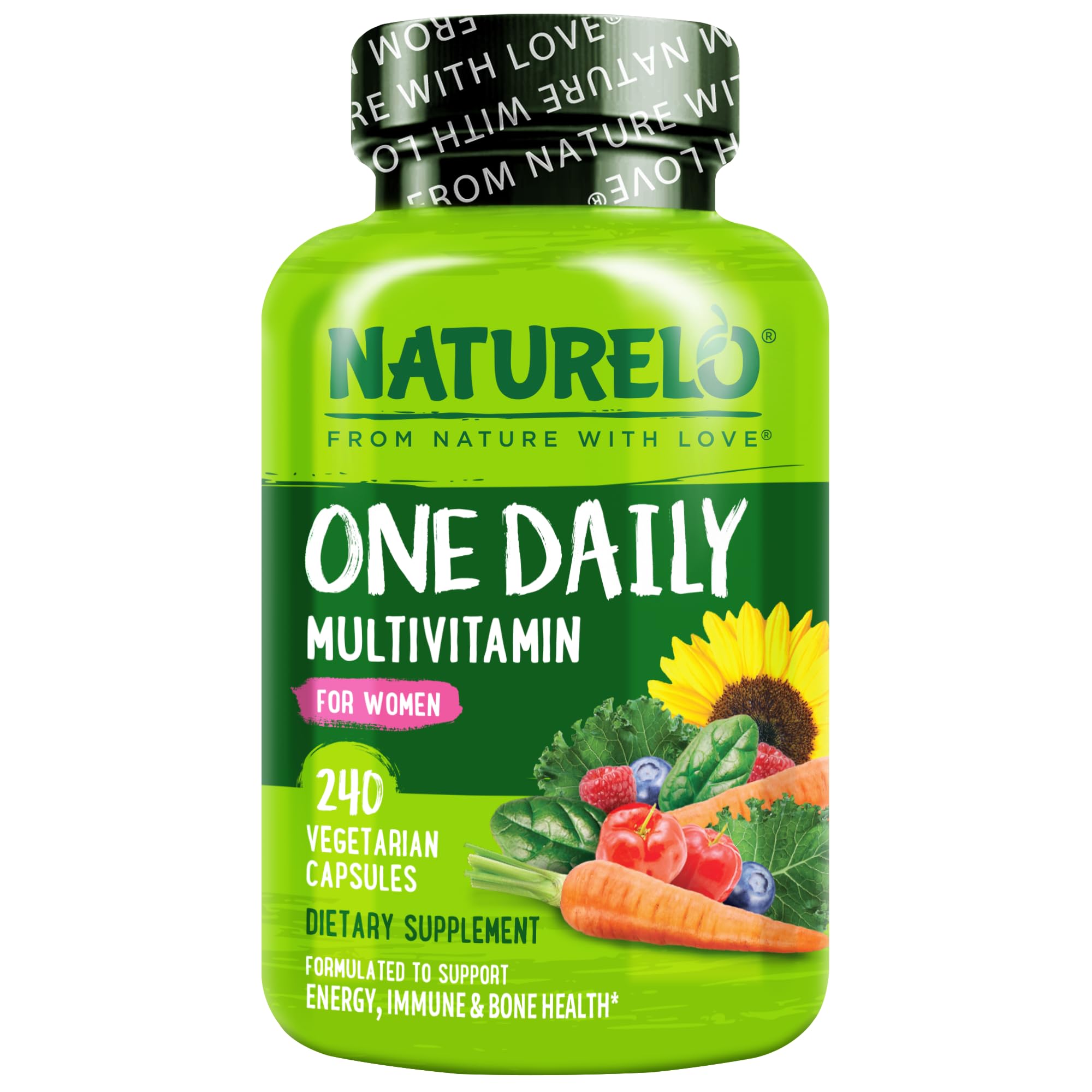NATURELO One Daily Multivitamin for Women w/Vitamin B12, 60 Count | Energy Support, Whole Food Daily Women Multivitamin Supplement, Nourish Hair/Skin/Nail, Non-GMO, No Soy, Gluten Free