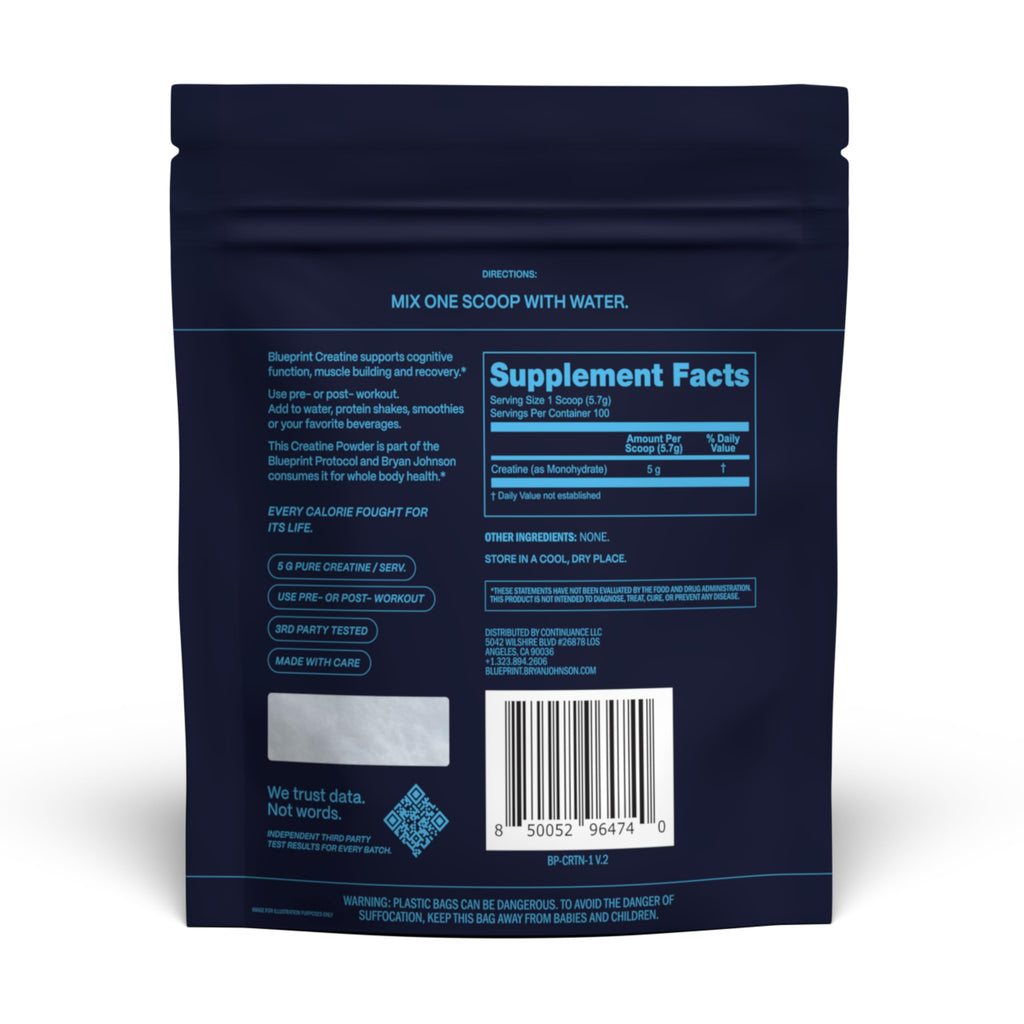 Blueprint Bryan Johnson Creatine Monohydrate Powder – Amino Acid Powder - Supplement Supports Muscle Recovery, Strength & Focus – Unflavored Creatine for Women & Men – 5g Dose – 100 Servings