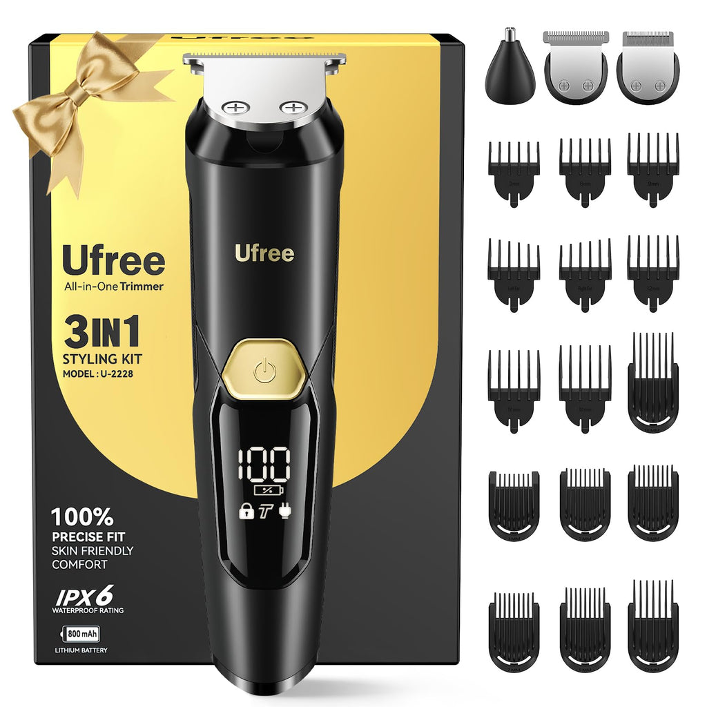 Ufree 3-in-1 Beard Trimmer for Men, IPX6 Waterproof Electric Razor | Gifts for men, Beard, Nose, Hair, Stainless Steel Blades, USB-C Charge, 120-Min Usage, 8000 RPM, Wet and Dry, Travel Lock