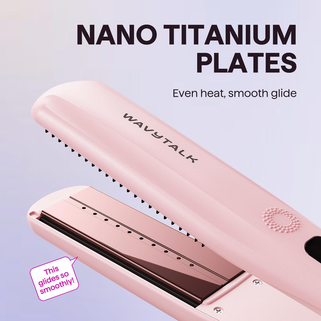 Wavytalk Steam Hair Straightener Steam Sesh for Less Heat Damage, Flat Iron | Detachable Comb, Steam Nourishes, Speeds Straightening, Fights Humidity & Frizz, Nano Titanium 1.38'' Plate, 5 Heat, Pink