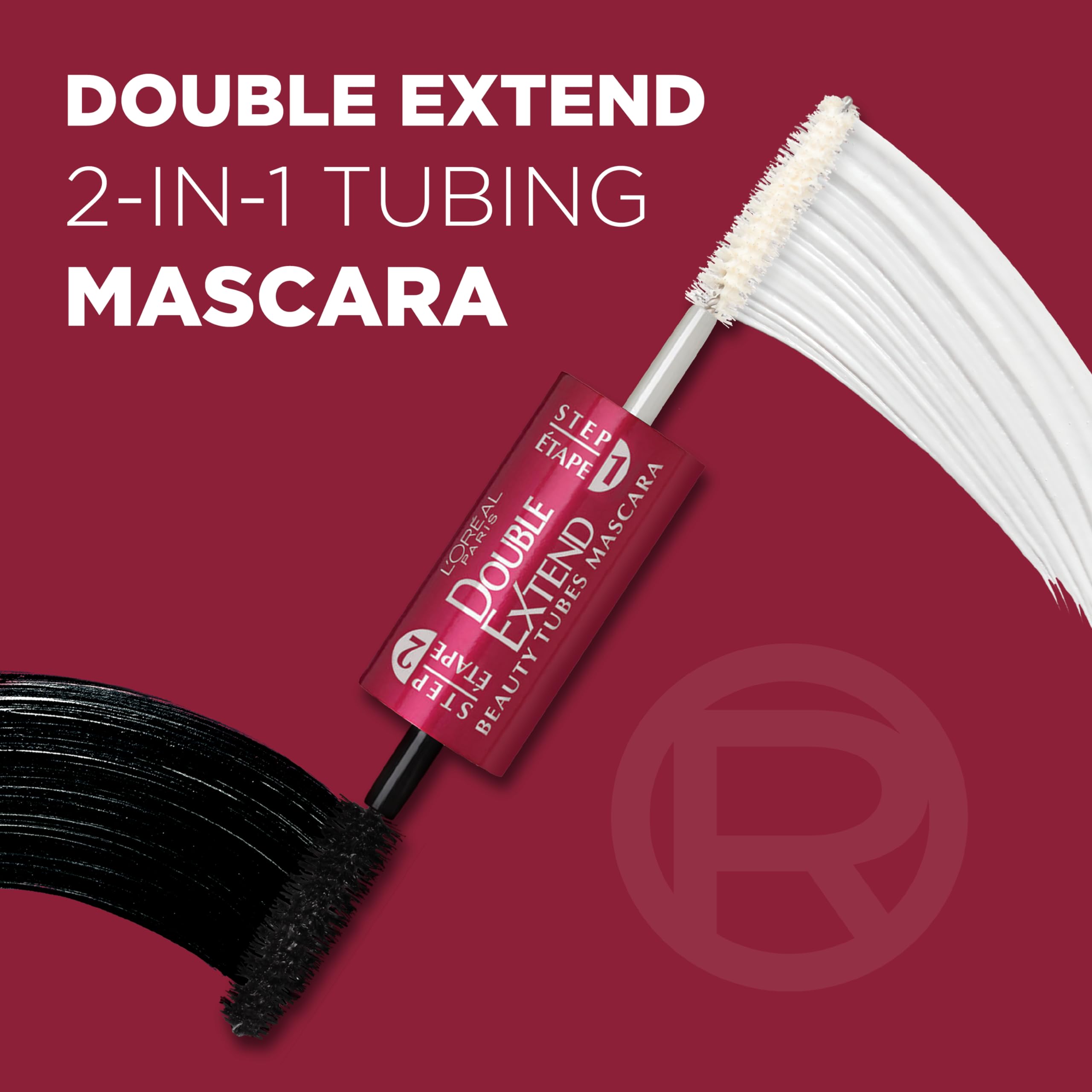L'Oreal Paris Makeup Double Extend Tubing Mascara, Lengthening 2 Step Mascara, Smudgeproof, Black, Pack of 2