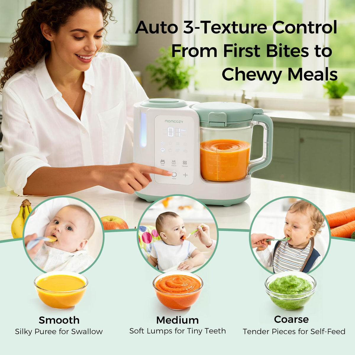 Momcozy AutoMeal Baby Food Maker – One-Step Auto Steam & Blend Food Processor, 15oz Large Cup & 6-Blade Design, Self-Cleaning, Auto 3-Stage Texture Settings for Effortless Homemade Baby Puree