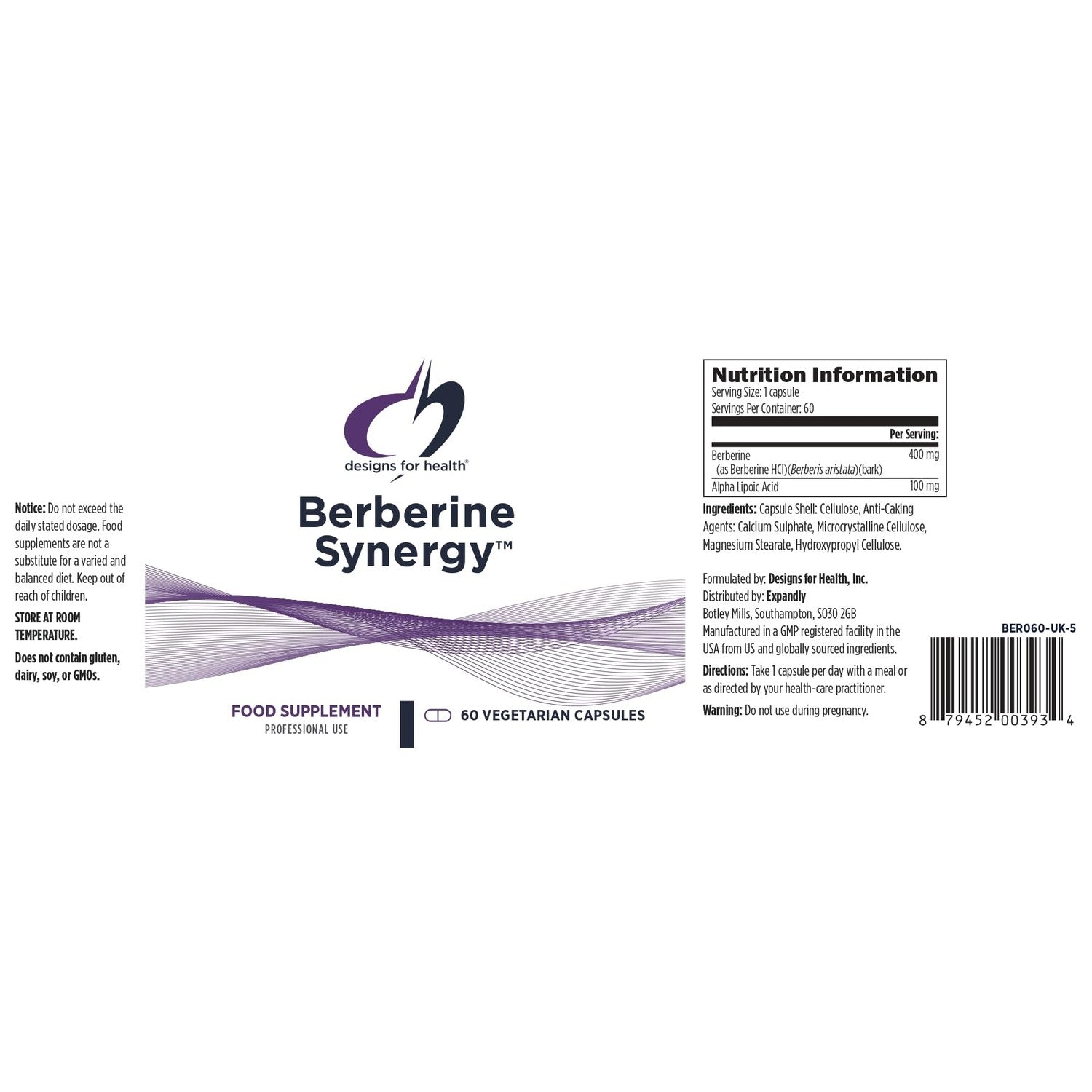 Designs for Health Berberine Synergy - Berberine HCL 400mg + Alpha Lipoic Acid (ALA) for Metabolism, Heart Health + Liver Support - Vegan, Non-GMO Berberine Supplement (60 Capsules)