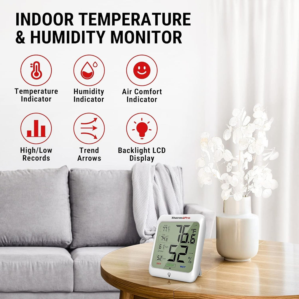 Buy now ThermoPro TP53 Digital Hygrometer Indoor Thermometer for Home, Temperature Humidity Sensor with Comfort Indicator & Max Min Records, Backlight Display Room Thermometer Humidity Meter, LCD at indiglob india
