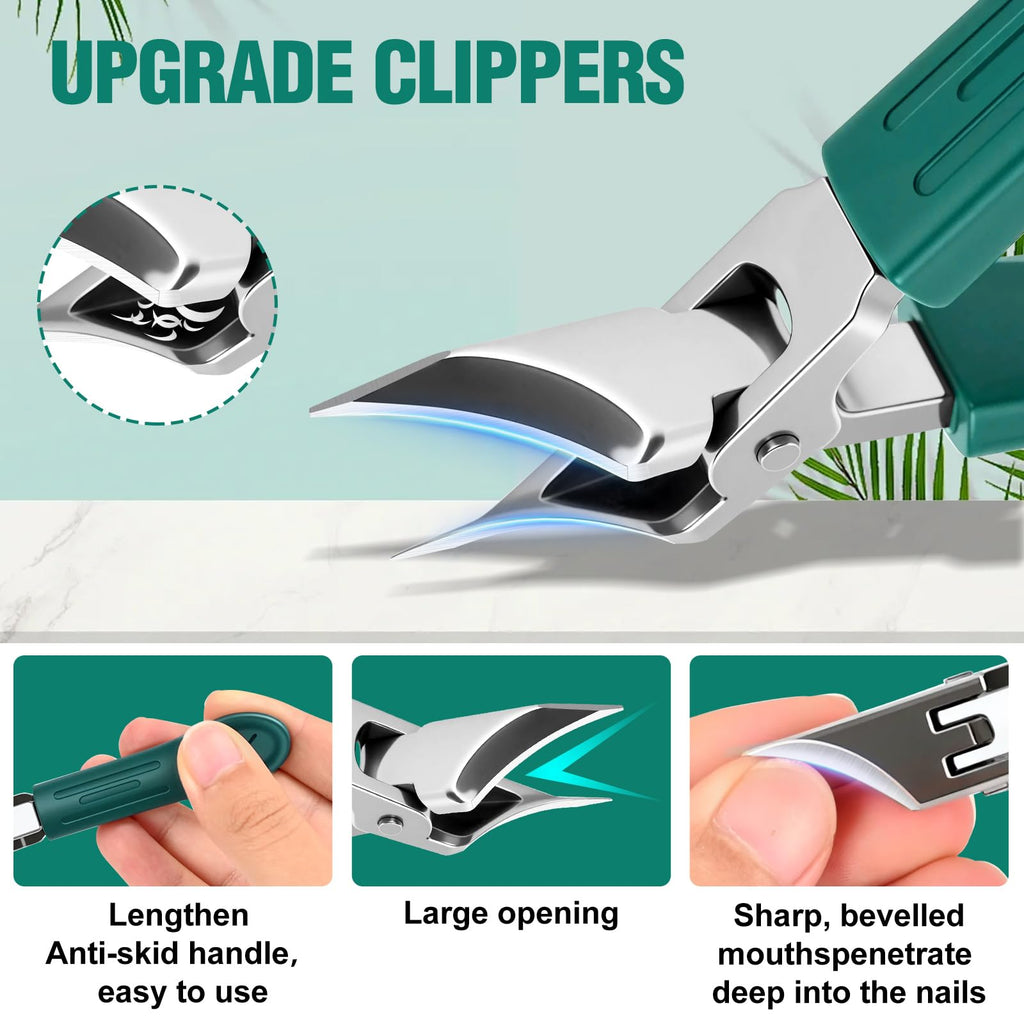 Upgraded Eagle Beak Beveled Nail Clippers, Long Handle Wide Jaw Slanted Nail Clipper, Eagle Beak Angled Edge Nail Clippers 3-Piece Set, Wide Jaw Opening Anti-Splash Nail Clipper for Men Women(Green)