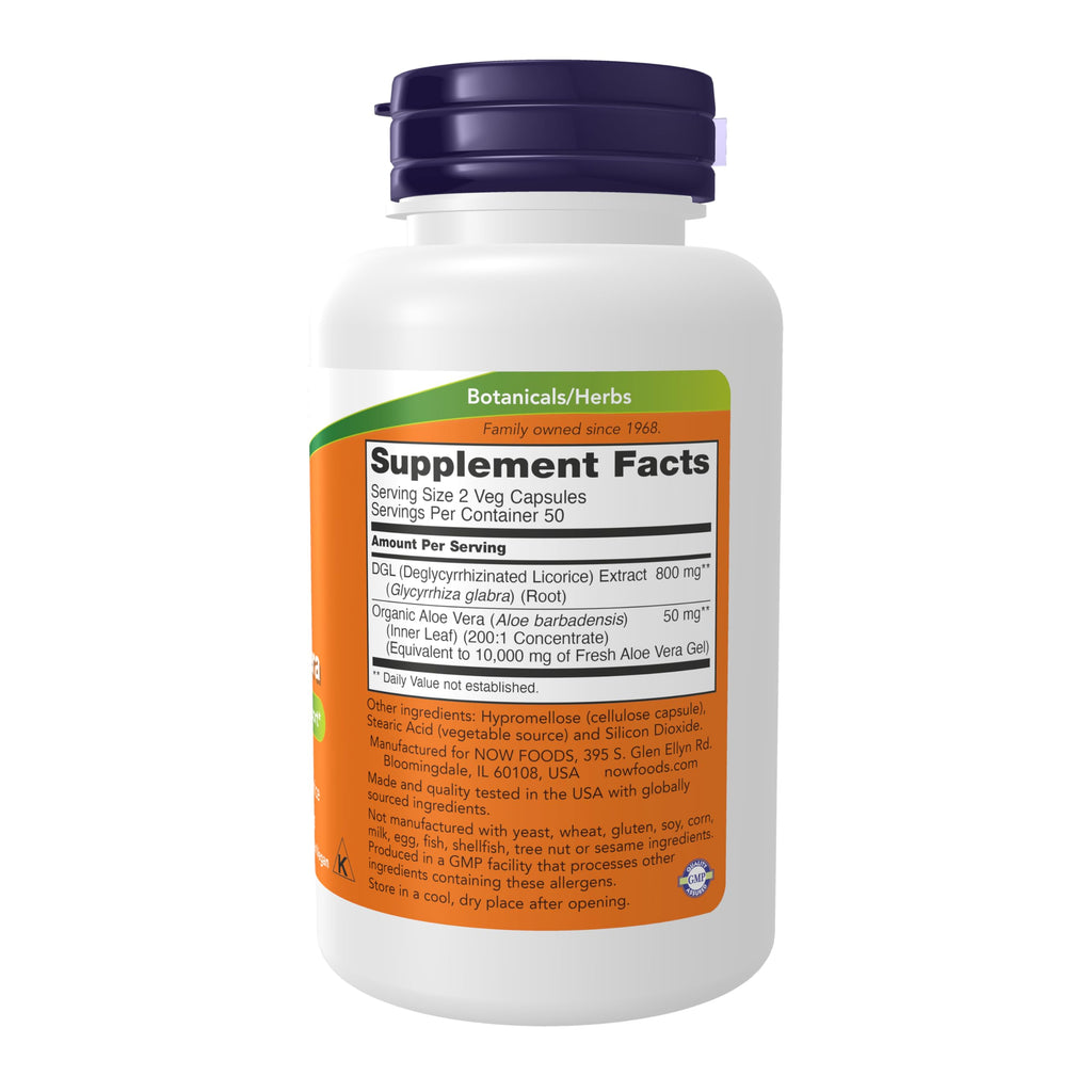 Buy now NOW Foods Supplements, DGL with Aloe Vera (Deglycyrrhizinated Licorice) Dietary Supplement, 100 Veg Capsules at indiglob india