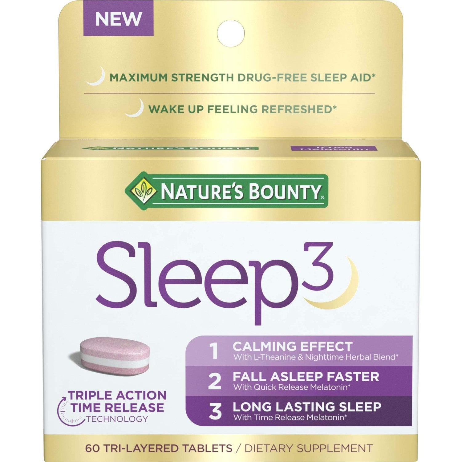 Nature's Bounty Sleep3 Melatonin 10mg, 60 Tri-Layered Tablets | Maximum Strength 100% Drug Free Sleep Aid, Dietary Supplement, L-Theanine & Nighttime Herbal Blend Time Release Technology