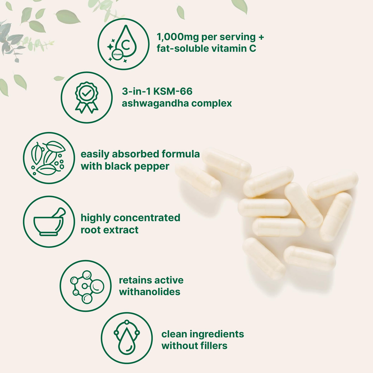 KSM-66 Ashwagandha 1,000mg Per Serving | 120 Veggie Capsules with Black Pepper for Better Absorption & Fat Soluble Vitamin C | Potent Root Extract | Stress, Relaxation, & Sleep Support | Filler Free
