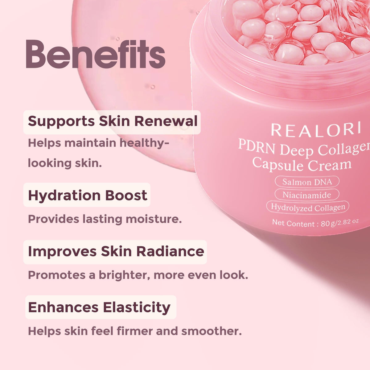 realori PDRN Capsule Cream with Vitamin C & Collagen – Korean Boba Moisturizer for Face, Pink Jelly Cream for Deep Hydration, Skin Repair, and Glow – Korean Skincare Gel for All Skin Types