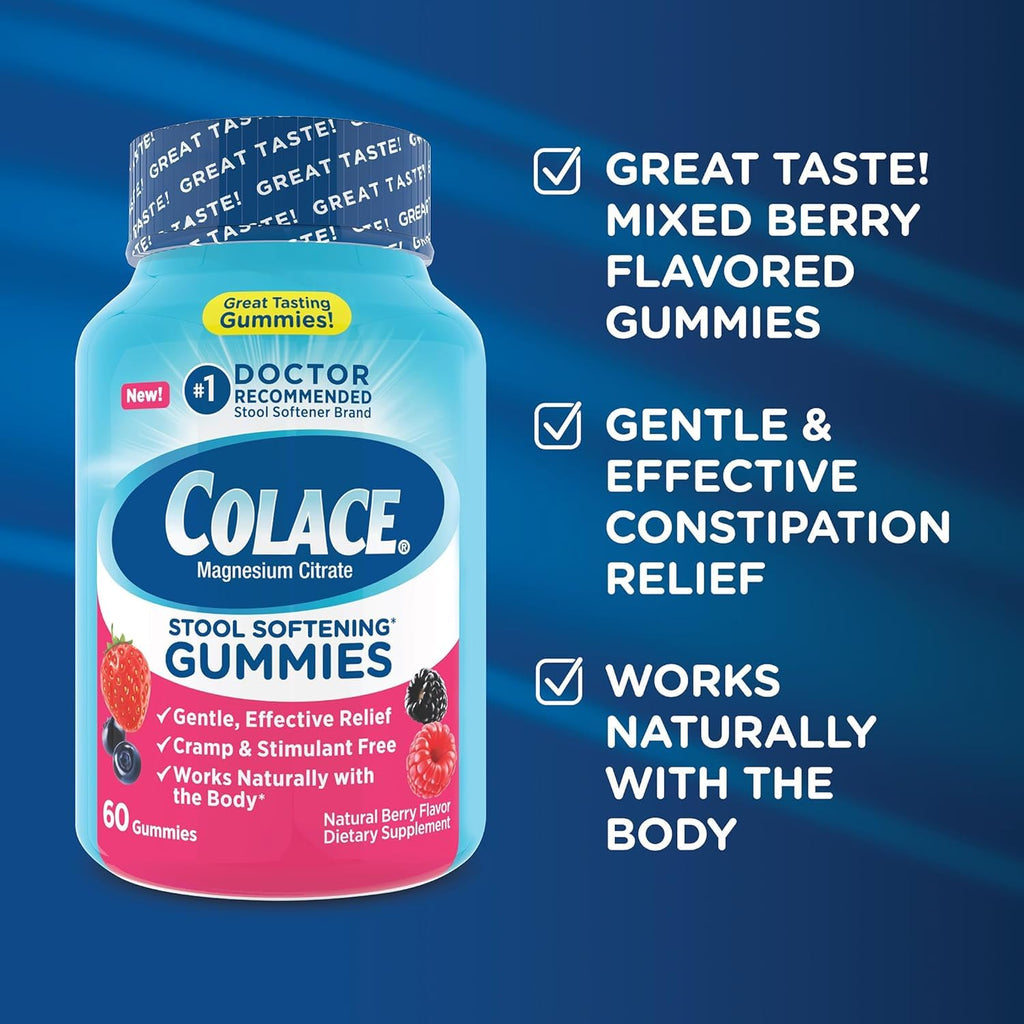 Colace Stool Softener Gummies, Constipation Relief, Berry, 60 Ct, Pack of 2 | No.1 doctor recommended stool softener brand, Gentle dependable, magnesium citrate gummies