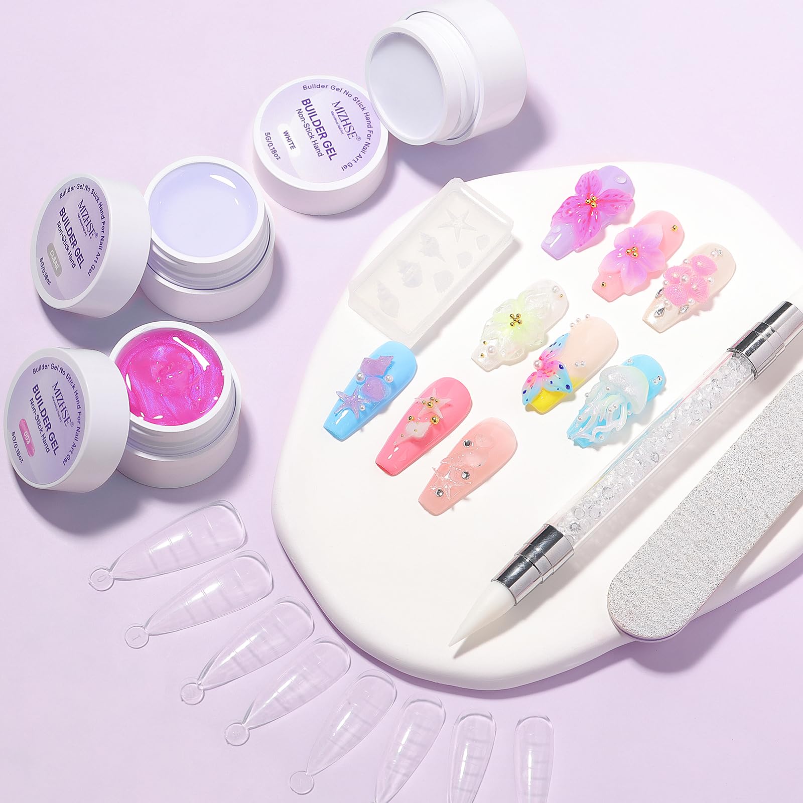 MIZHSE 3D Sculpting Gel set with colorful gel pots, nail tips, and application tools for creative nail art designs.