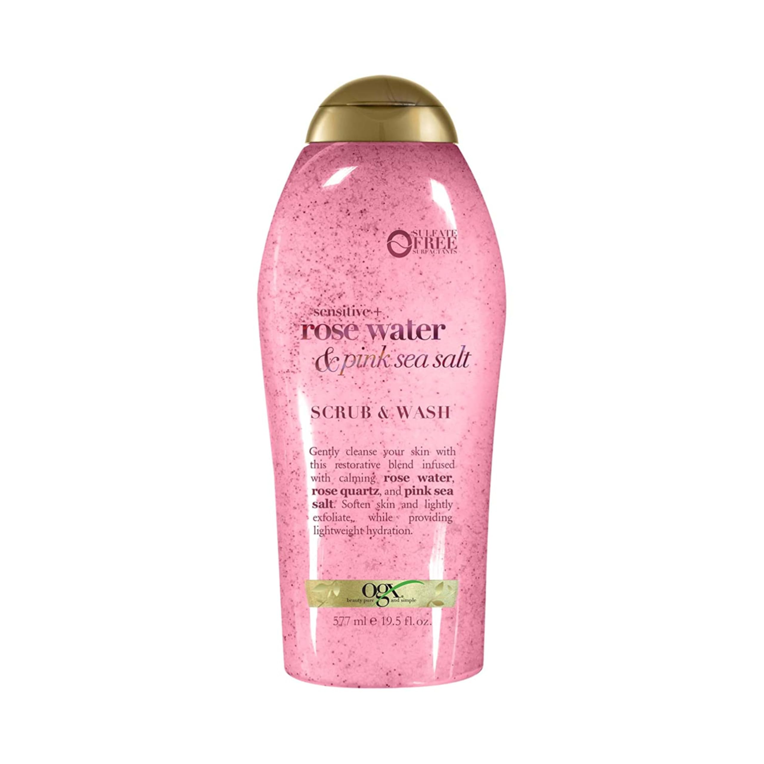 OGX Sensitive + Rose Water & Pink Sea Salt Body Scrub, 19.5 fl oz | Gentle Exfoliating Daily Body Wash, Rose Quartz, Softens Skin, Sulfate-Free Surfactants